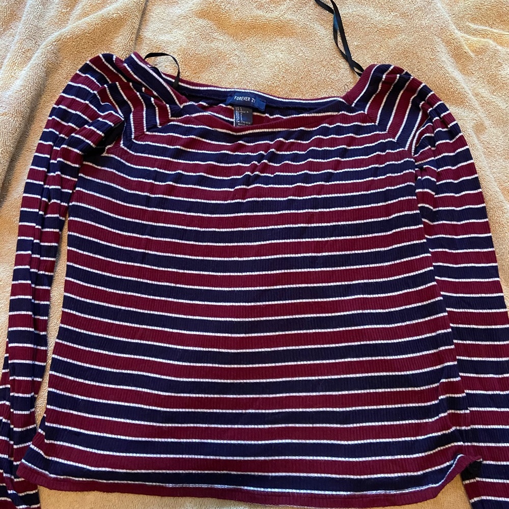 Off the Shoulder, blue and red striped shirt